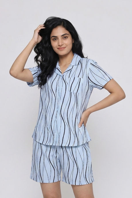 Zivame Wavy Stripes Knit Cotton Short Set - Ice Water — image 4